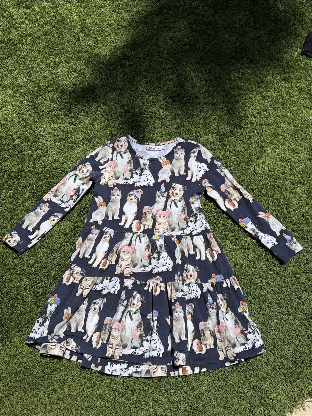 Molo Navy Dog and Kitten Print Long Sleeve Kids Dress